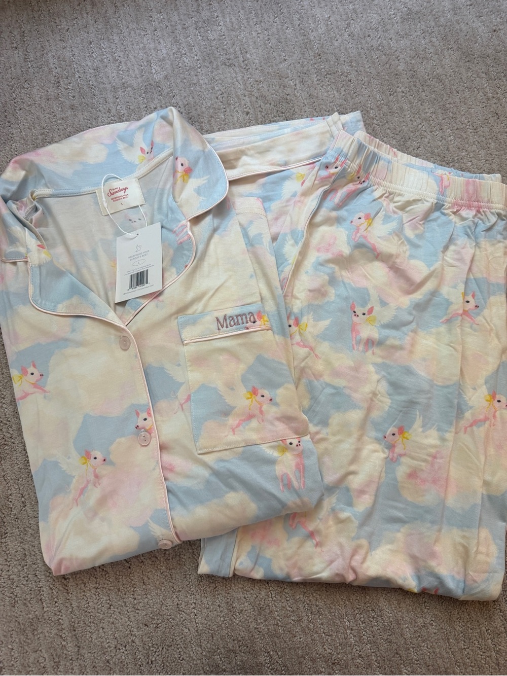 Mama Pastel Unicorn Pajama Set - Soft Blue & Cream
